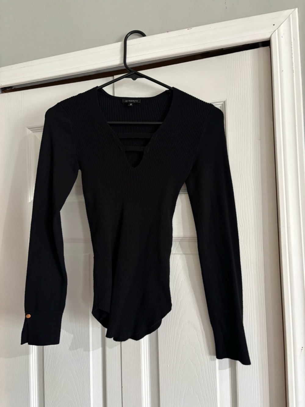 Dynamite Black Ribbed Long Sleeve V-Neck Top with Ladder Detail